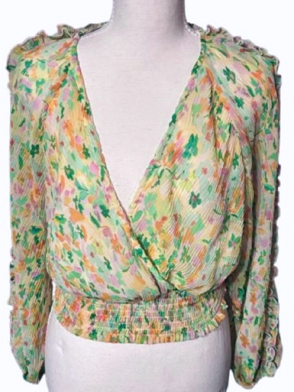 Sheer Floral Ruffles ASTR The Label Shirt Top Blouse Crop Boho Puffy Sleeved